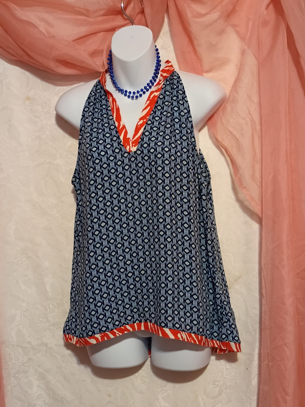 THML Ladies Navy Geometric Sleeveless Top with Red Trim Sz M